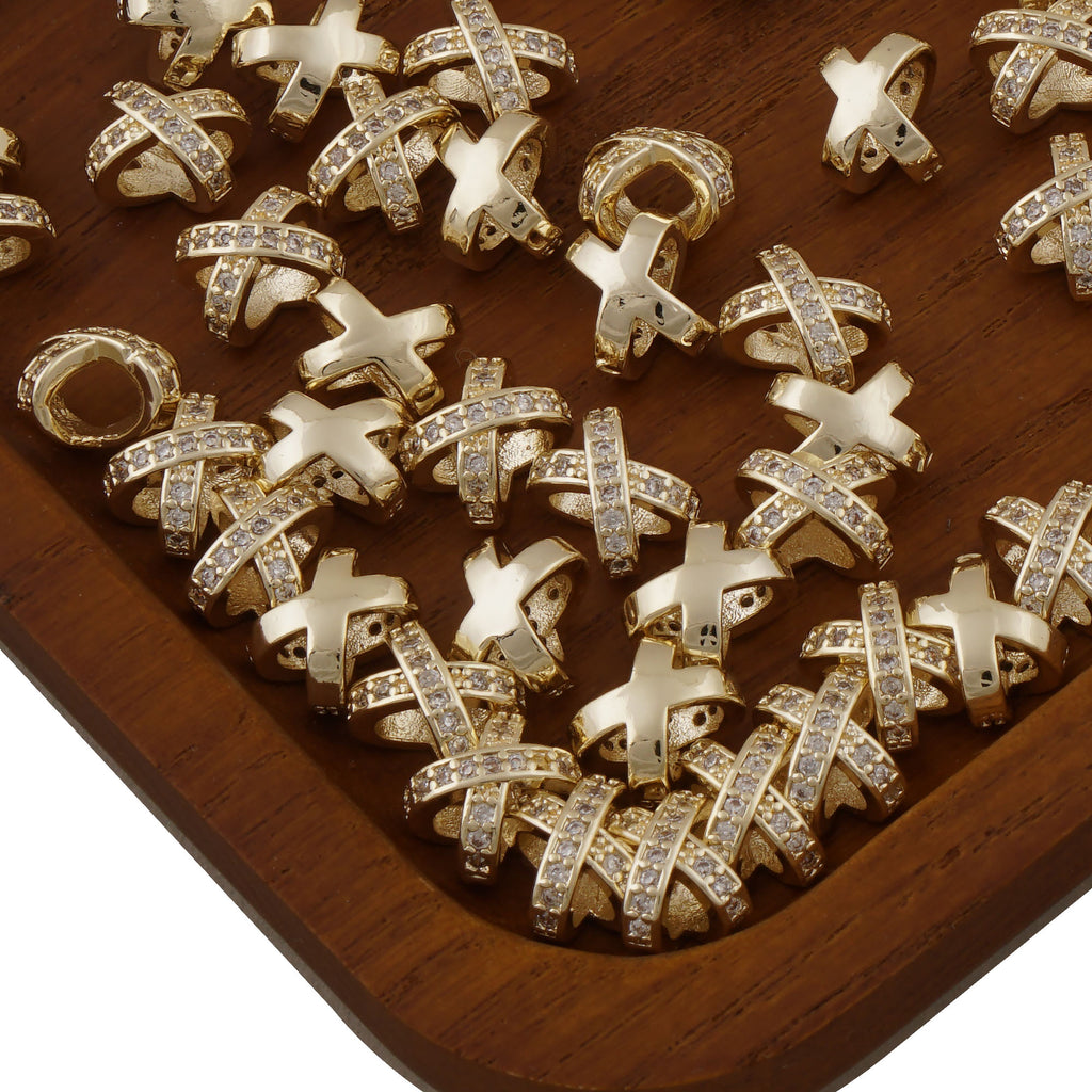 5PCS 14k Gold Filled Cross Spacer Beads, X Spacer Beads with Zircon, Golden Spacers for Bracelet/Necklace Making 10420250