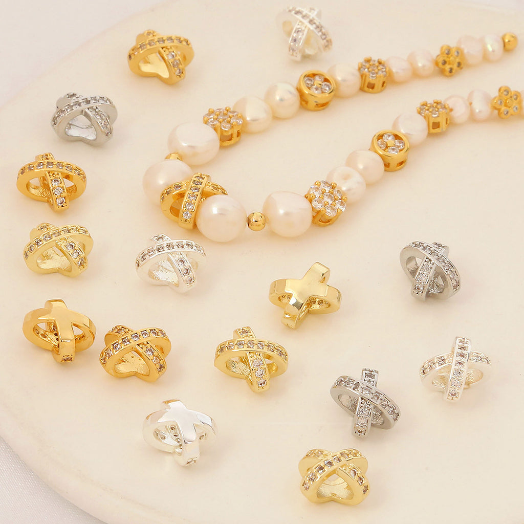 5PCS 14k Gold Filled Cross Spacer Beads, X Spacer Beads with Zircon, Golden Spacers for Bracelet/Necklace Making 10420250