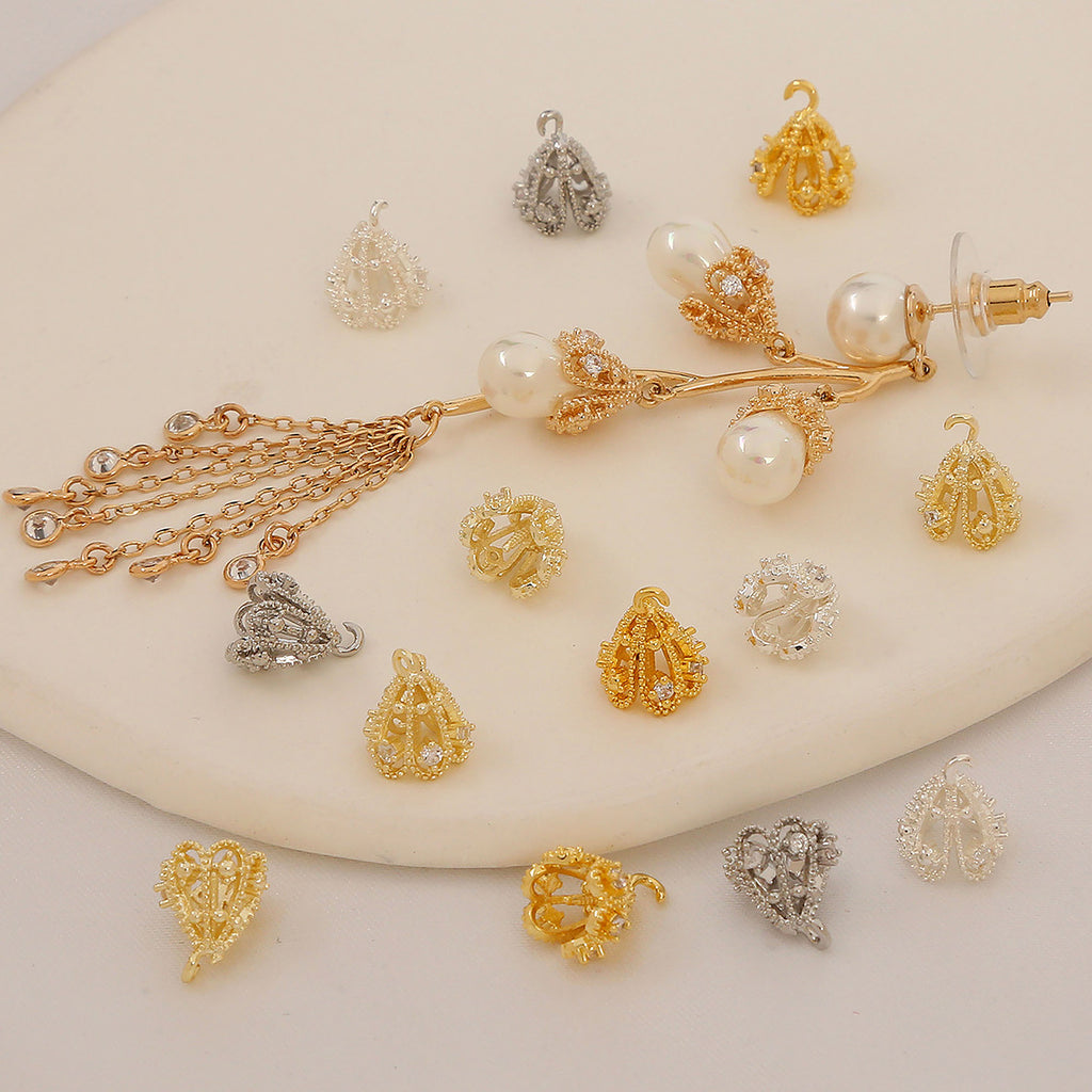 5PCS 14k Gold Filled Ornate Filigree Tassel Cap, Brass Bead Cap with Crystal, Teardrop Caps, Cone Cap 10420450