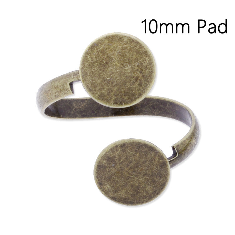 Adjustable Brass Ring Base Setting With two 10mm(inside) round pad,Antique bronze finished,20pcs/lot