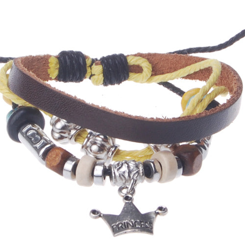 2013-2014 Summer hot sale promotional gifts Imperial crown charm beaded hand-woven  leather bracelet，Deep Coffee,sold 10pcs per pkg