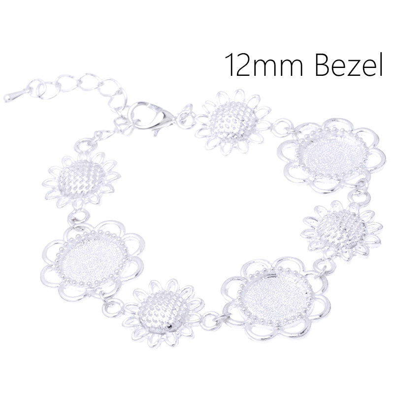 Round Bracelet Blanks with Chain and Clasp,3 pcs 12mm Round Bezel and 4pcs Sunflower charm,Zinc Alloy filled,Shine silver,length:24cm,5pcs/lot