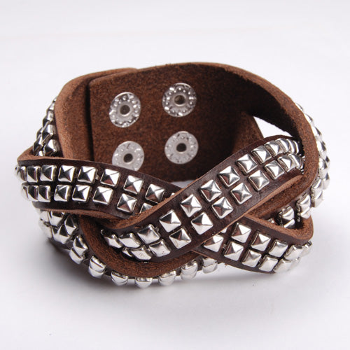 Popular hot sale Premium Stylish Brown Leather Punk Nail Fashion Bracelets with Studded Silver Rivets,sold 10pcs per pkg