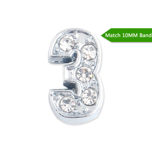 10MM Number "3" Slider Charms,Crystal Rhinestones Number Beads,Silver Plated,Match 10mm Band or Slider Bracelet;sold 50pcs per pkg