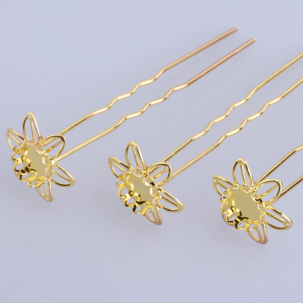 75mm U style Hairpin with 10mm Cameo Base Clips Hair Bobby U Pins Prom Hair Pins Hair Fork gold 10pcs