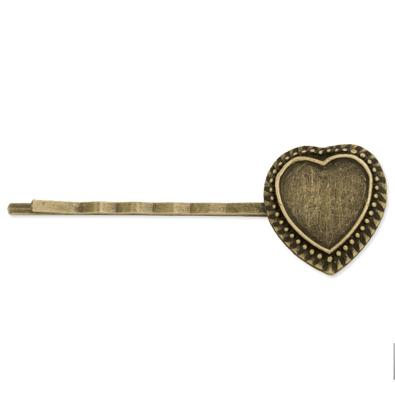60MM Bobby Pin With 13x13MM Heart bezel,Antique Bronze plated,10pcs/lot