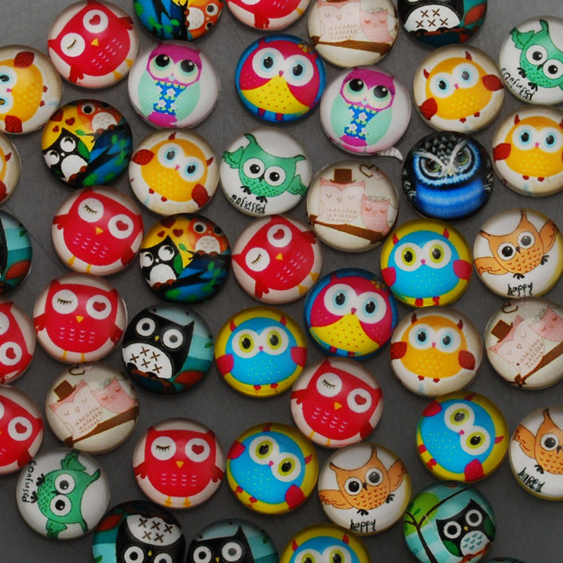12mm Round glass cabochons,cartoon owl Pattern glass cabochon,flat back,thickness 4.5mm,50 pieces/lot