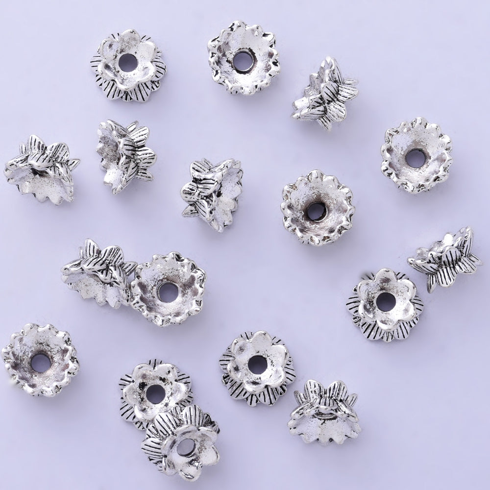 10mm Flower Spacer Beads Charms Jewelry Findings Tibetan Antique Silver Bead Caps 50pcs