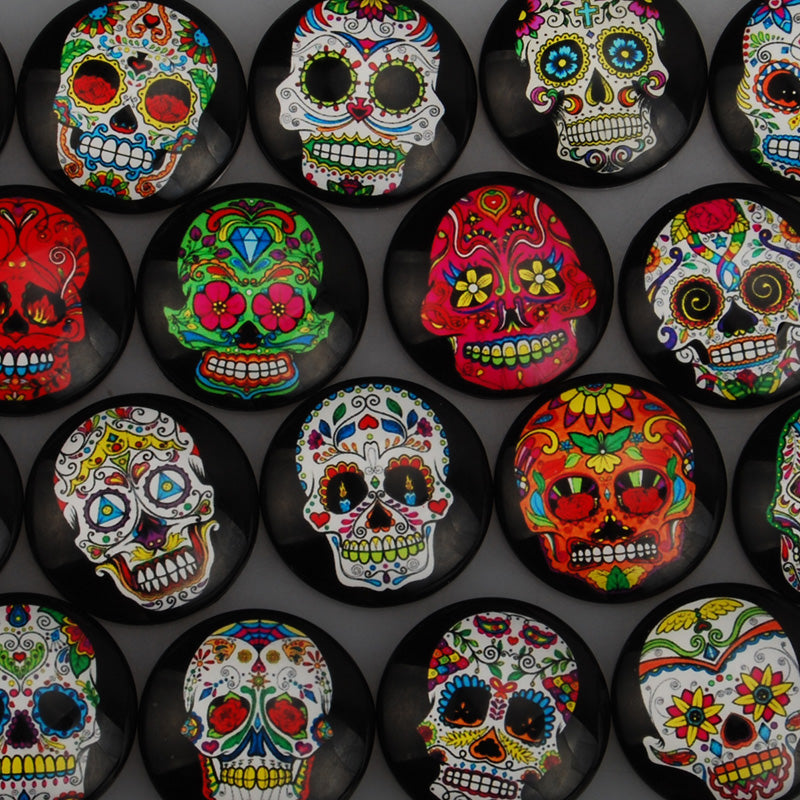 30MM Round pattern glass cabochons with mixed skull,flat back,thickness 7mm,20 pieces/lot