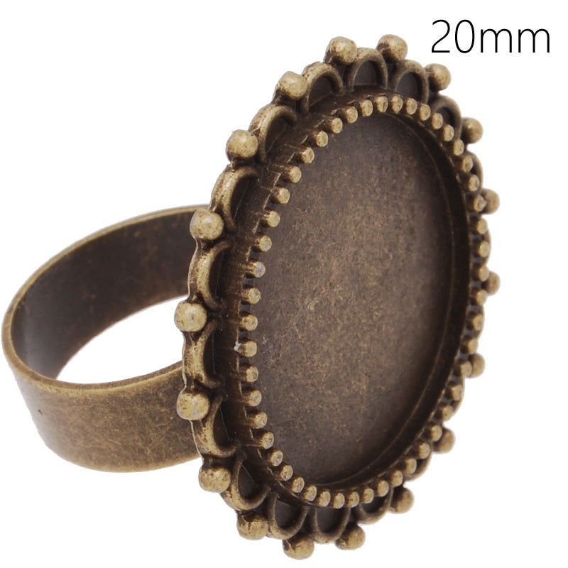 Circle Adjustable Ring with 20MM Round Ornate Bezel ,Antique Bronze,zinc alloy filled,20pcs/lot
