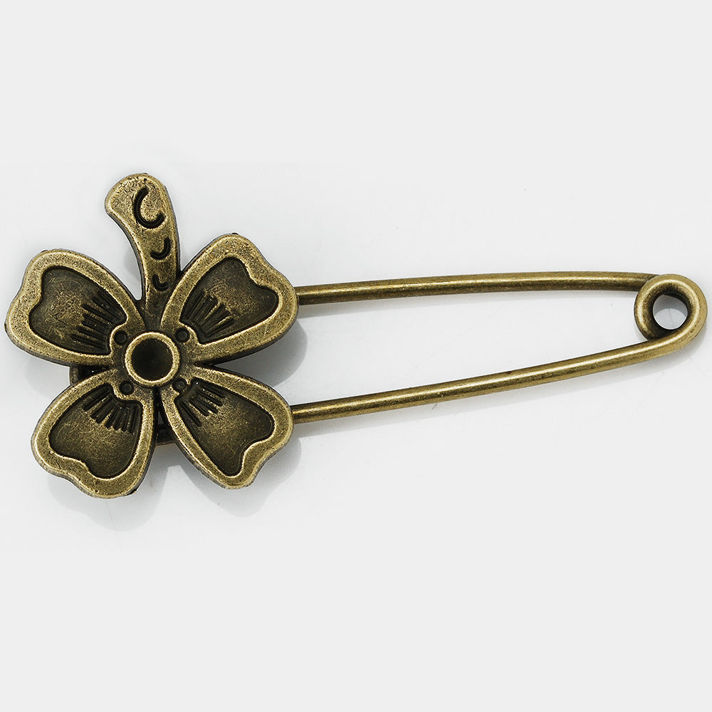 10 Antique Bronze Vintage Flower Brooch Safety Pins brooch pin for Garment Accessories 20x50mm