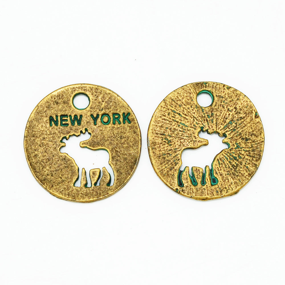 24mm Verdigris Patina Pendant,Jewelry Pendant Charms,Pendant Fingdings,"NEW YORK"Thickness 2mm,sold 20pcs/lot