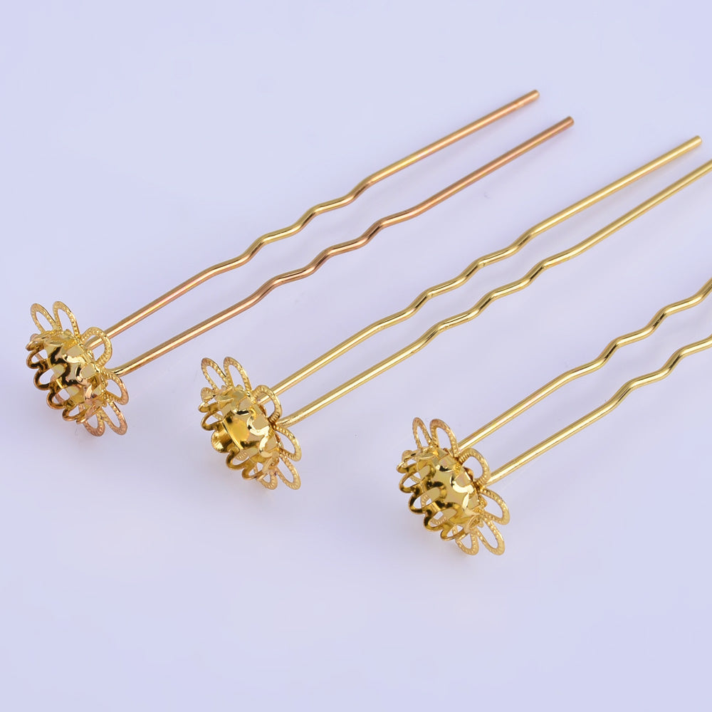75mm U shape Wedding hair pin flower with 10mm Cameo Base Clips bridesmaid hair pin Hair accessories gold 10pcs