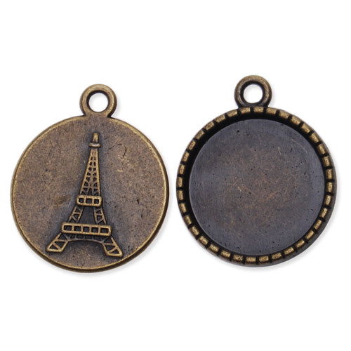 Antique Bronze Plated Pendant trays for 18mm Cabochon with Eiffel Tower at Other Side,sold 100pcs per pkg