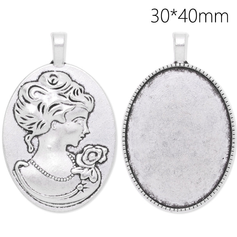30x40mm Oval pendant tray with Cameo in the back,Zinc alloy filled,Antique silver plated,20pcs/lot