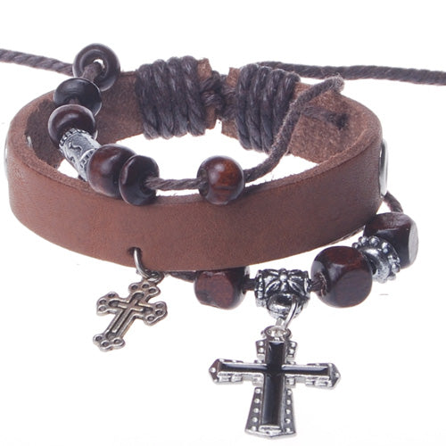 2013-2014 Summer hot sale promotional gifts double cross cahrm beaded hand-woven  leather bracelet，Light Coffee,sold 10pcs per pkg