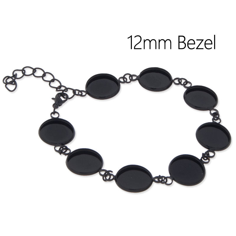 Round Bracelet Blanks with Chain and Clasp,8 pcs 12mm Round Bezel,Brass filled,Gun Metal Black plated,5pcs/lot