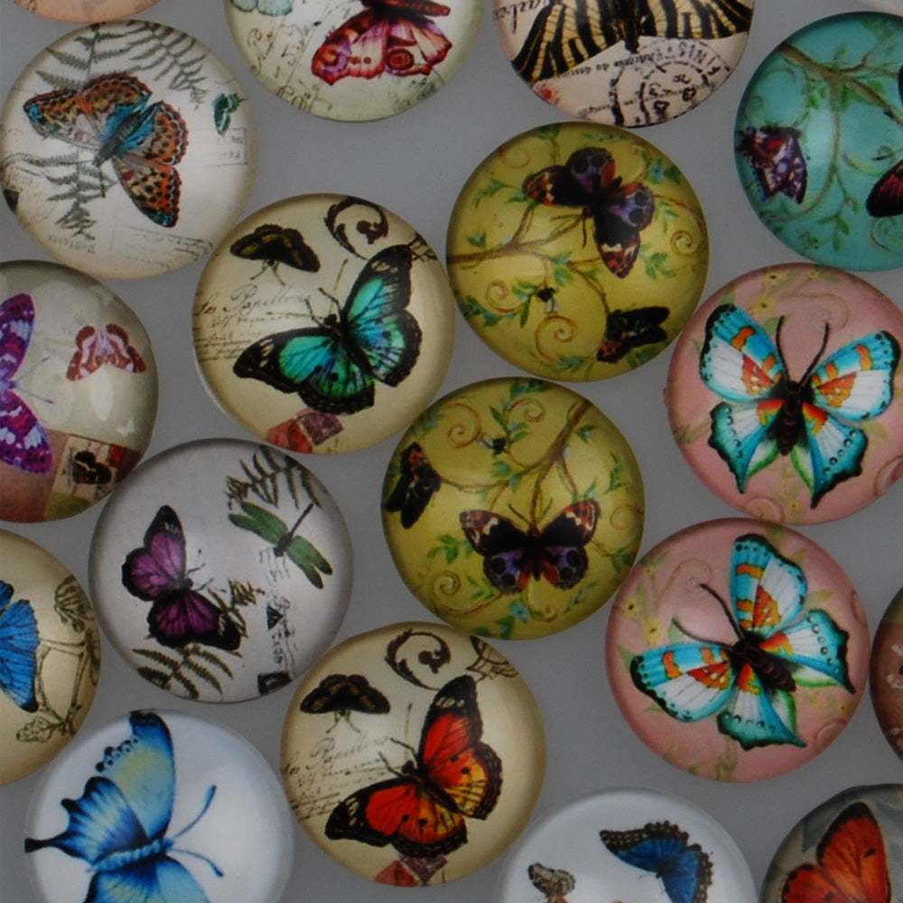 18MM Round glass cabochons with mixed Butterfly pattern,photo glass cabochons,flat back,thickness 5mm,50 pieces/lot