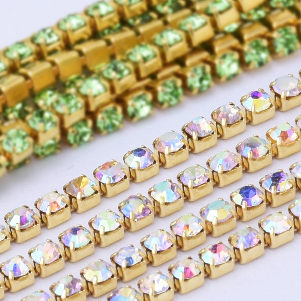 SS6 Clear AB Rhinestone Chain Various Colors Crystal Compact Close Gold Chain wedding DIYs 3.6Meters
