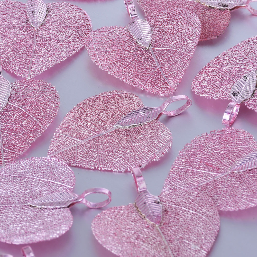 About 25-30mm Real Nature Heart Leaf Pendant Filigree Leaf Charm metal leaf, electroforming hole 5mm Jewelry Supplies pink 2pcs