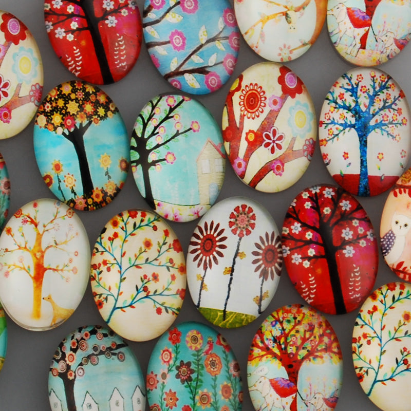 18*25mm Oval transparent pattern glass cabochons with mixed cute Trees,flat back,thickness 6mm, 20 pieces/lot