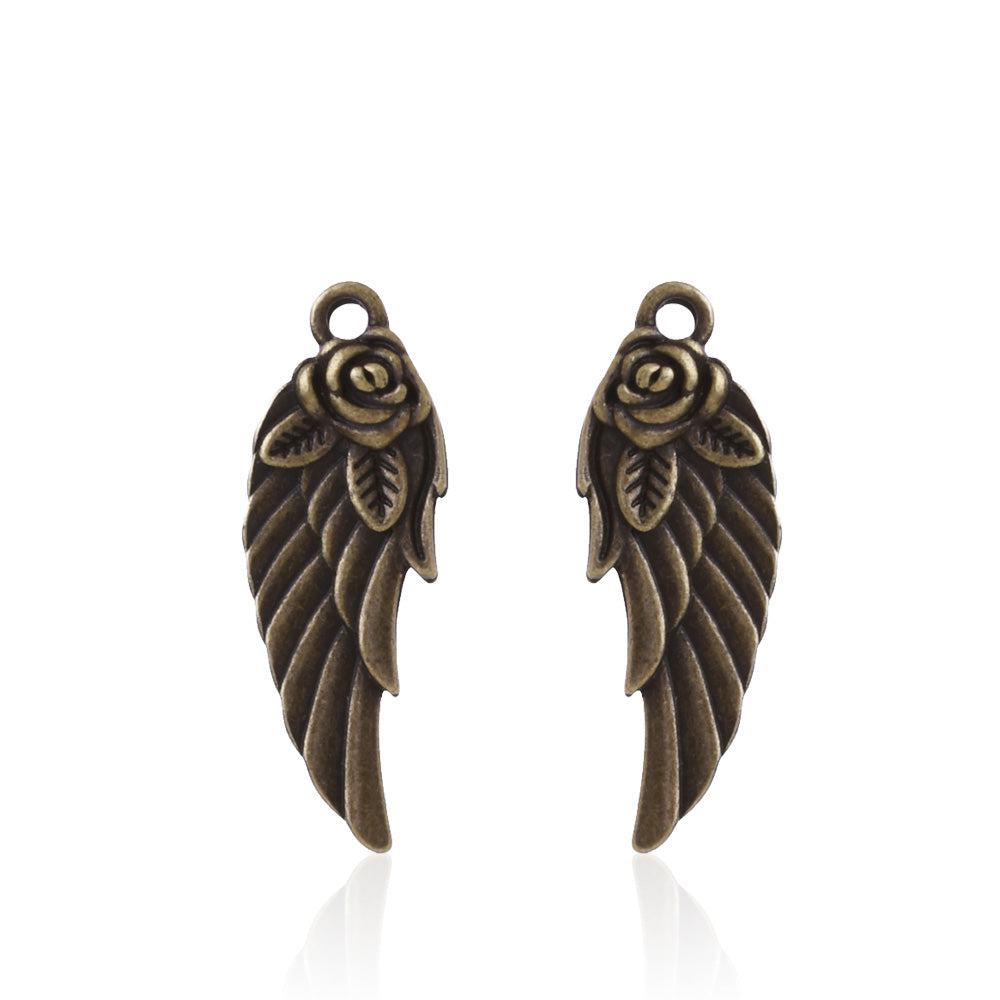 20 Antique Bronze Angel Wing Charms Rose Angel Wings Charms,Feather Charms 11x30mm Fashion Trendy Pendants