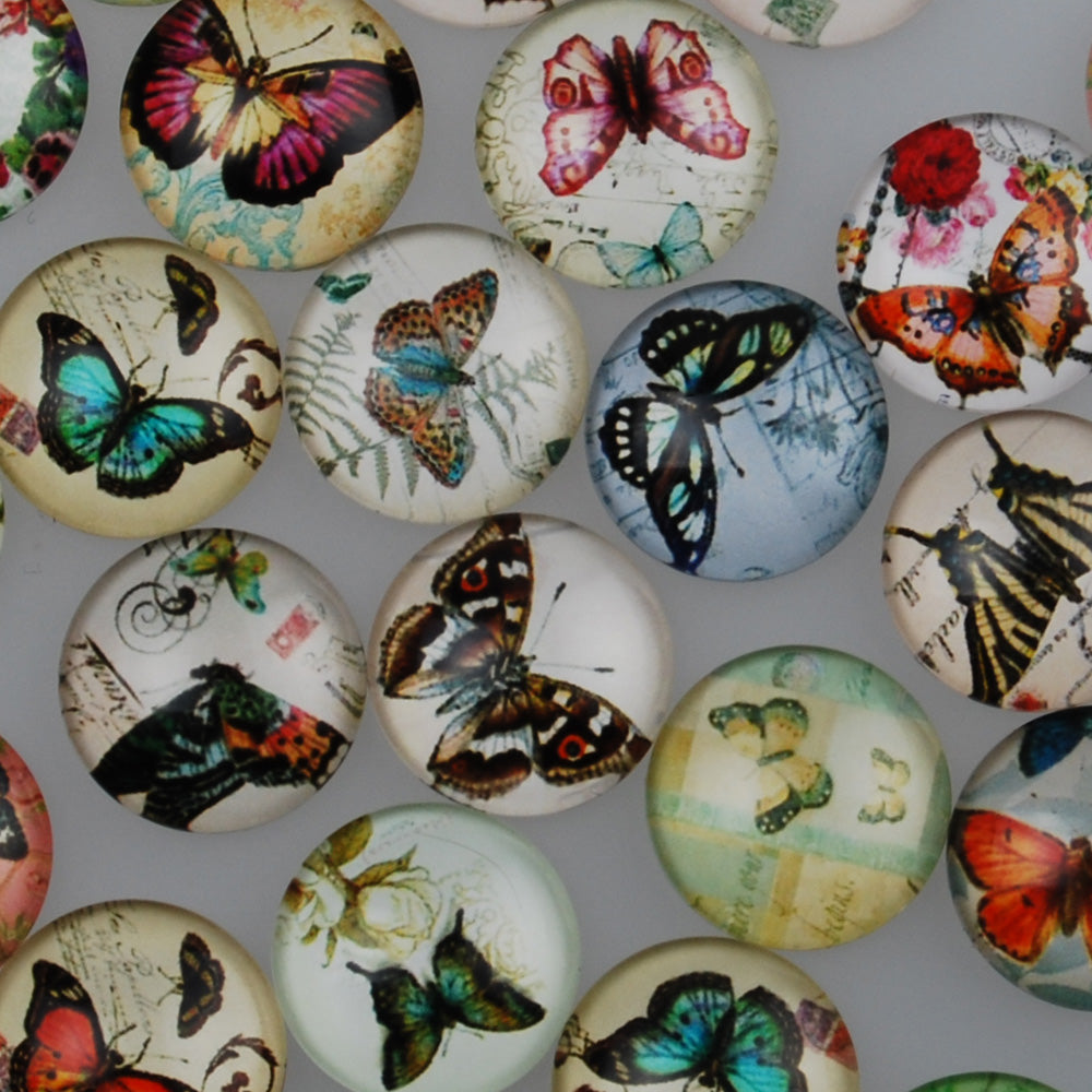 16MM Round glass cabochons with mixed Butterfly pattern,photo glass cabochons,flat back,thickness 5mm,50 pieces/lot