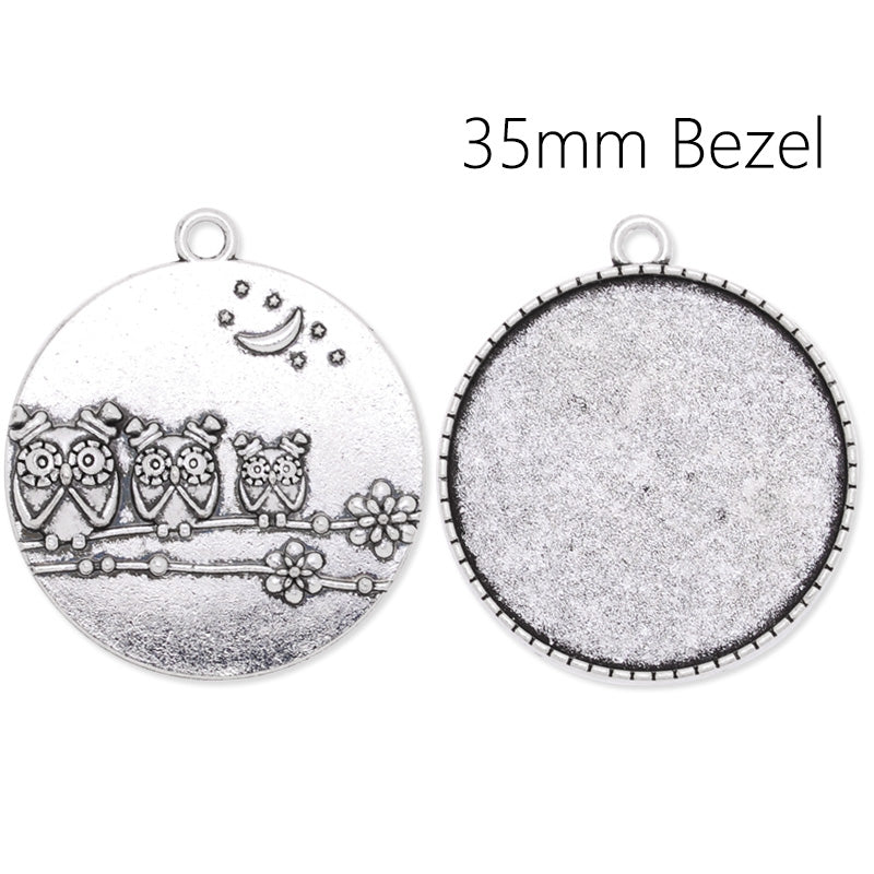 35mm Round pendant tray with Owl in the back,Zinc alloy filled,Antique Silver plated,20pcs/lot