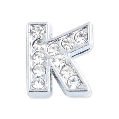 12*11*5 MM Clear Crystal Rhinestone Letter "K" Slider Charm Beads,Hole Sizes:8*2 MM,Silver Plated,lead Free and Nickel Free,Sold 50 PCS Per Package