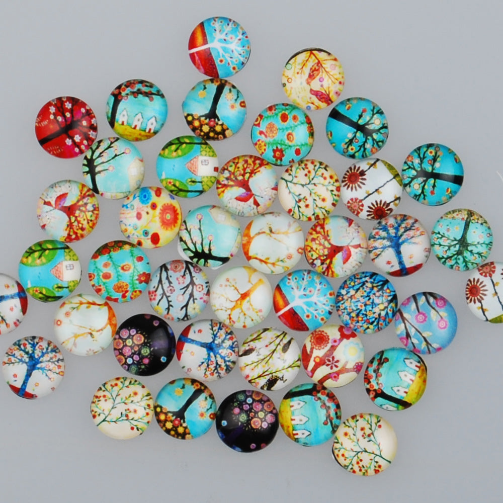 10MM Round glass cabochons with mixed cartoon trees,Photo glass cabochons,flat back,thickness 4mm,50 pieces/lot