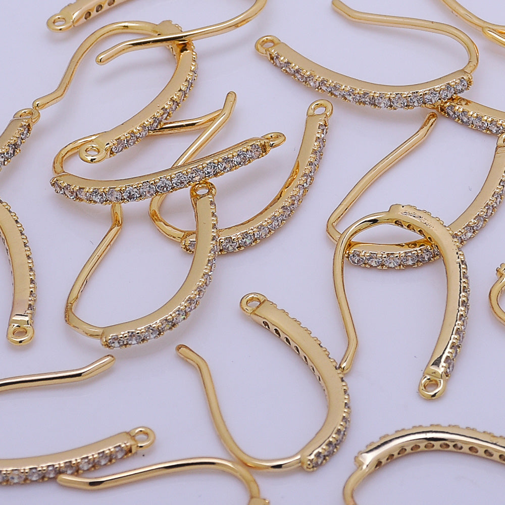 Shapely Stone Hook Ear Wires Gold Plated over Brass Rhinestone Ear wire earrings findings Jewelry making supplies 11*20mm 6pcs