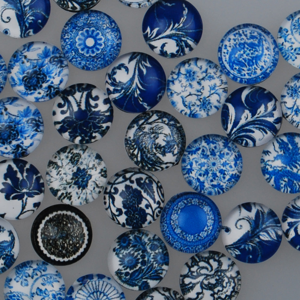 10MM Round glass cabochons,Mix Blue and white porcelain pattern glass cabochons,flat back,thickness 4mm,50 pieces/lot