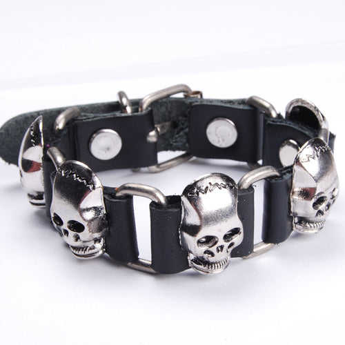 Mens Skull Genuine Leather Wrist Bracelets,Black,Leather Jewelry Belt Shape;sold 10pcs per pkg