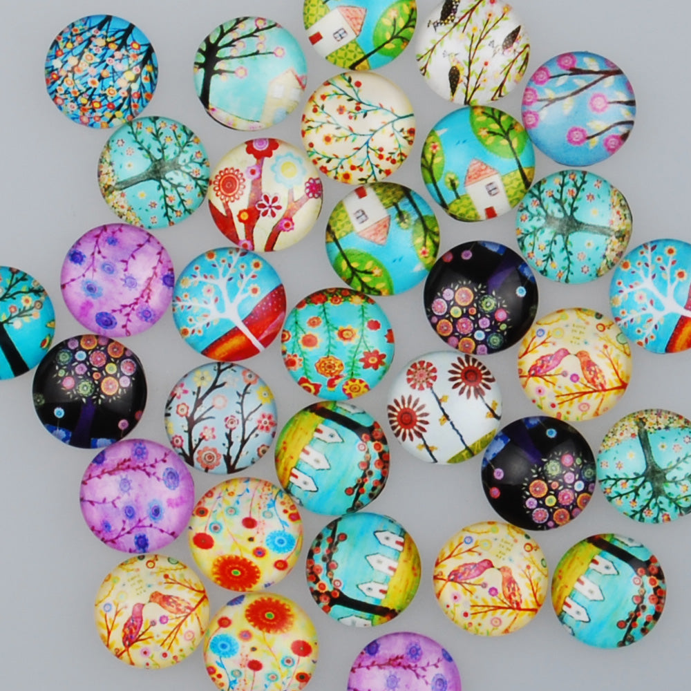12MM Round pattern glass cabochons with mixed tree,colorful photo glass cabochon,flat back,thickness 4.5mm,50 pieces/lot