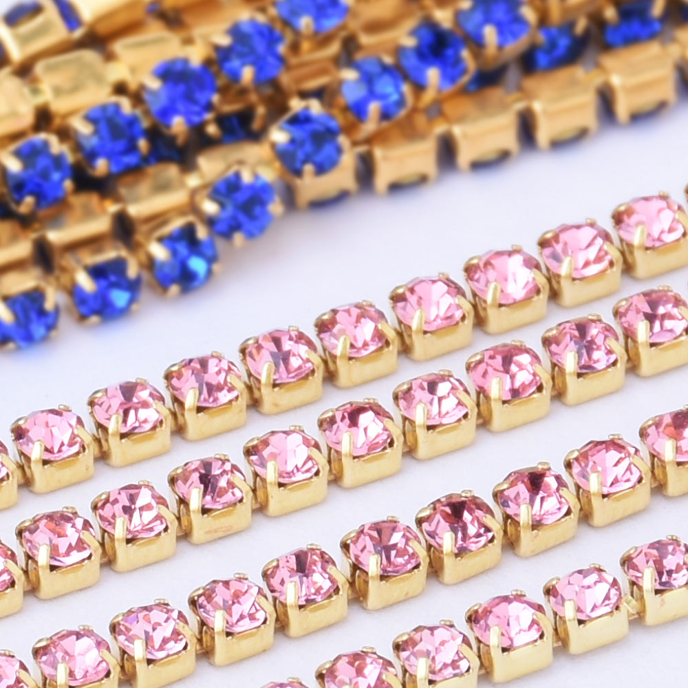 SS6 Pink Rhinestone Chain Various Colors Crystal Compact Close Gold Chain wedding DIYs 3.6Meters