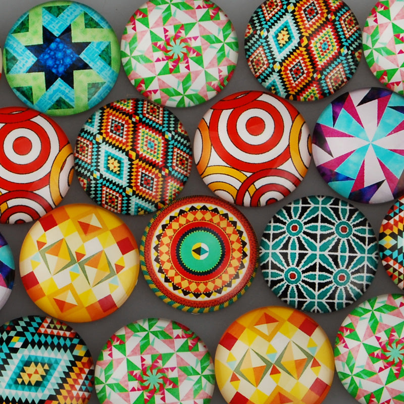 25MM Round pattern glass cabochons with mixed kaleidoscope,flat back,thickness 6.5mm,20 pieces/lot