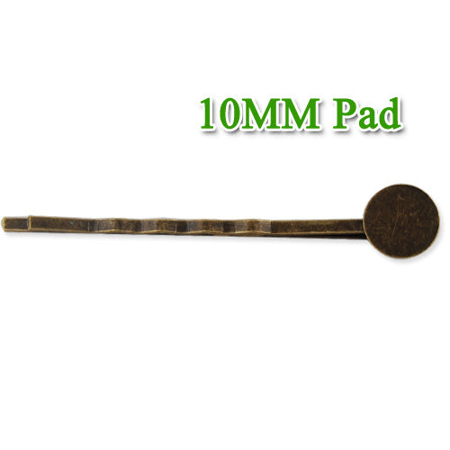 55*10MM Antique Bronze Plated Brass Bobby Pin With pad,fit 10mm glass cabochon,sold 50pcs per package