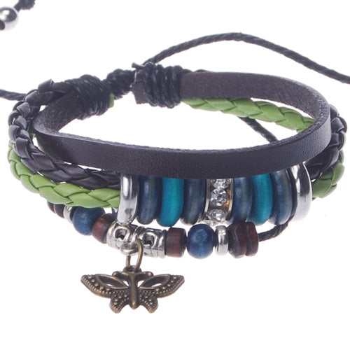 2013-2014 Summer hot sale promotional gifts butterfly charm beaded hand-woven  leather bracelet,Deep Coffee,sold 10pcs per pkg