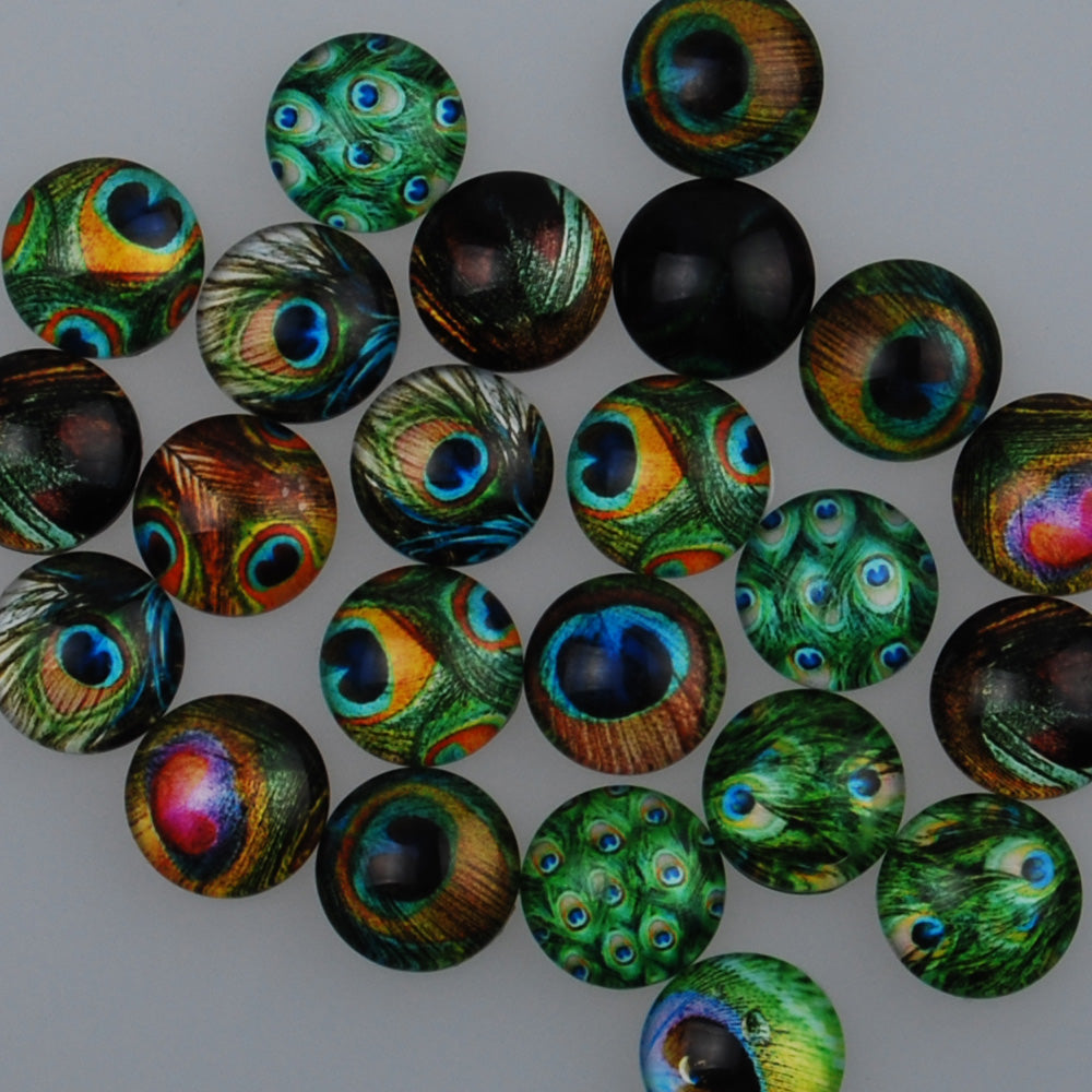 14MM Round colorful glass cabochons with mixed peacock pattern,Photo glass cabochons,flat back,thickness 5mm,50 pieces/lot