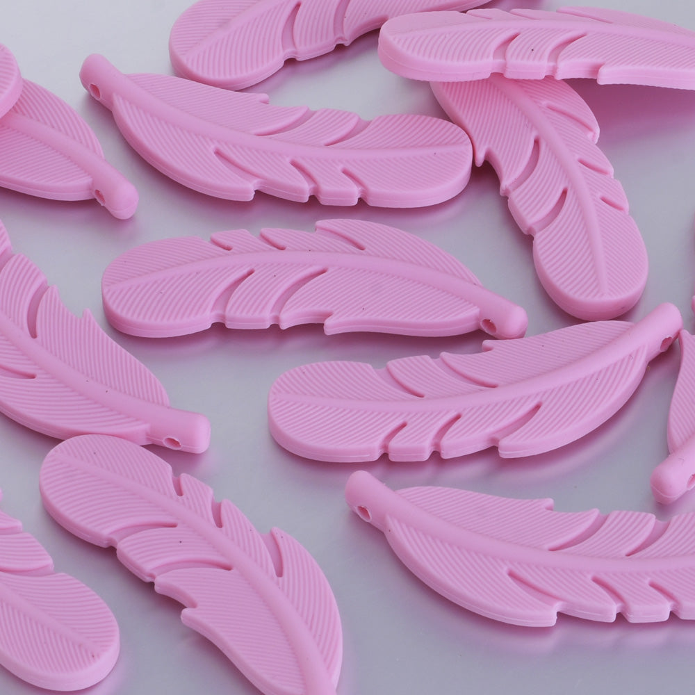 15*56mm Silicone Feather Teether Pendant Beads Bulk Silicone Beads Wholesale food grade silicone beads and pendants pink 5pcs