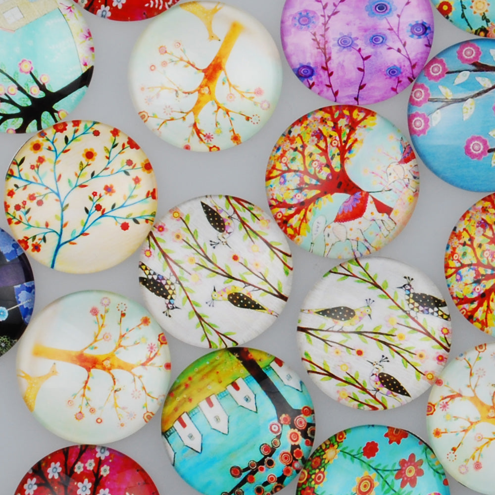 30MM Round pattern glass cabochons with mixed cartoon tree,colorful photo glass cabochon,flat back,thickness 7mm,20 pieces/lot
