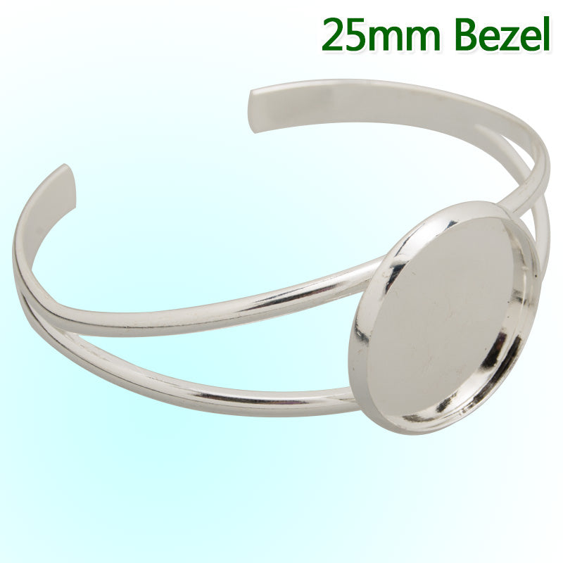 Bracelet Setting With 25MM Flat Round Bezel,Cuff,Adjustable,Silver  Plated,Lead Free And Nickel Free,Sold 10PCS Per Lot
