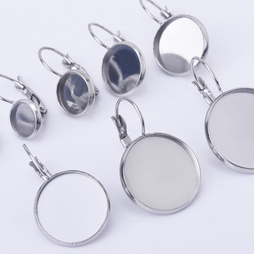 Stainless Steel French Lever Back Earring Bases Blanks 6/8/10/12/14/16/18/20mm Round Cabochons available Earring Findings 20pcs
