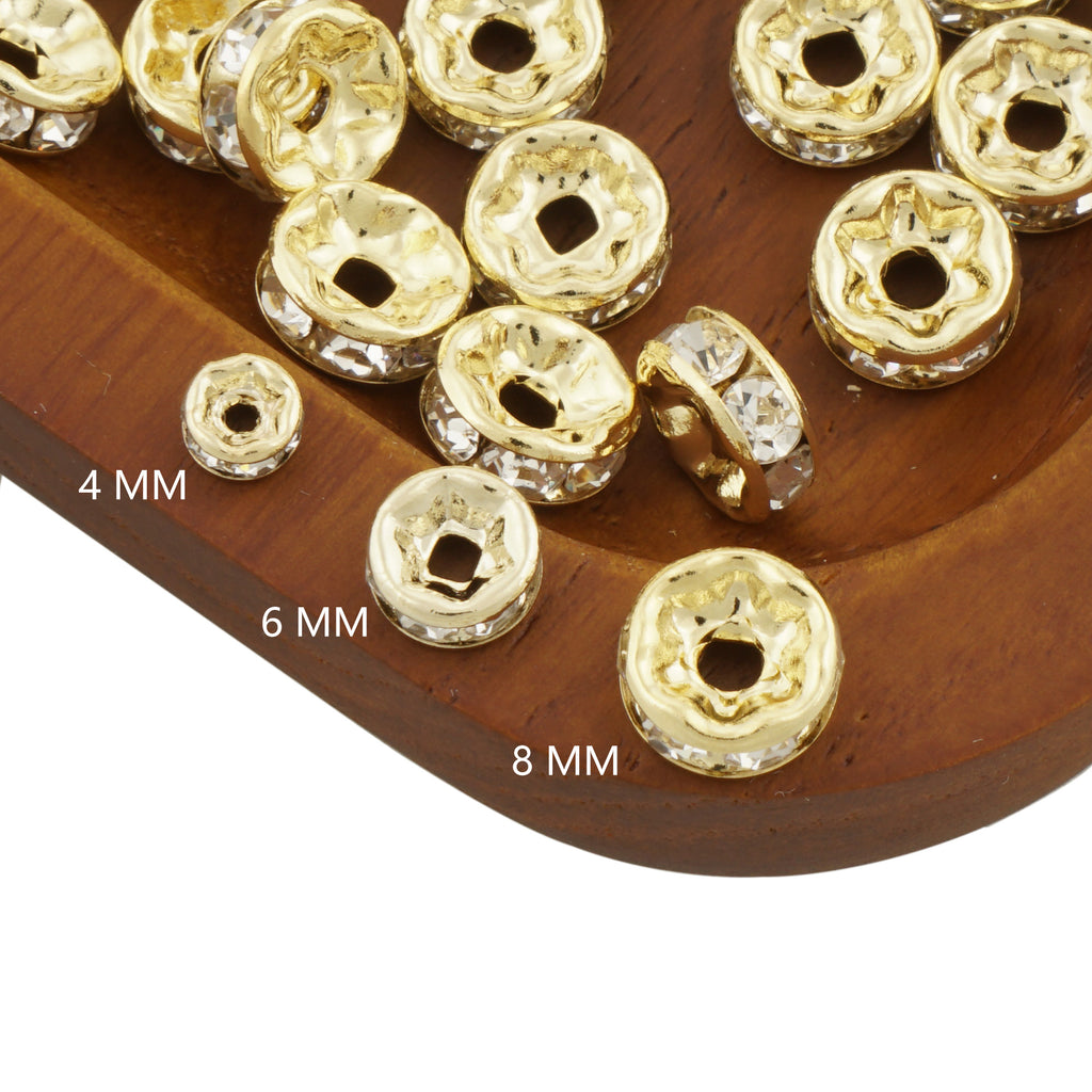 14k Gold Filled Rondelle Spacer Beads with Clear Crystal Rhinestones in 4mm, 6mm, 8mm Sizes
