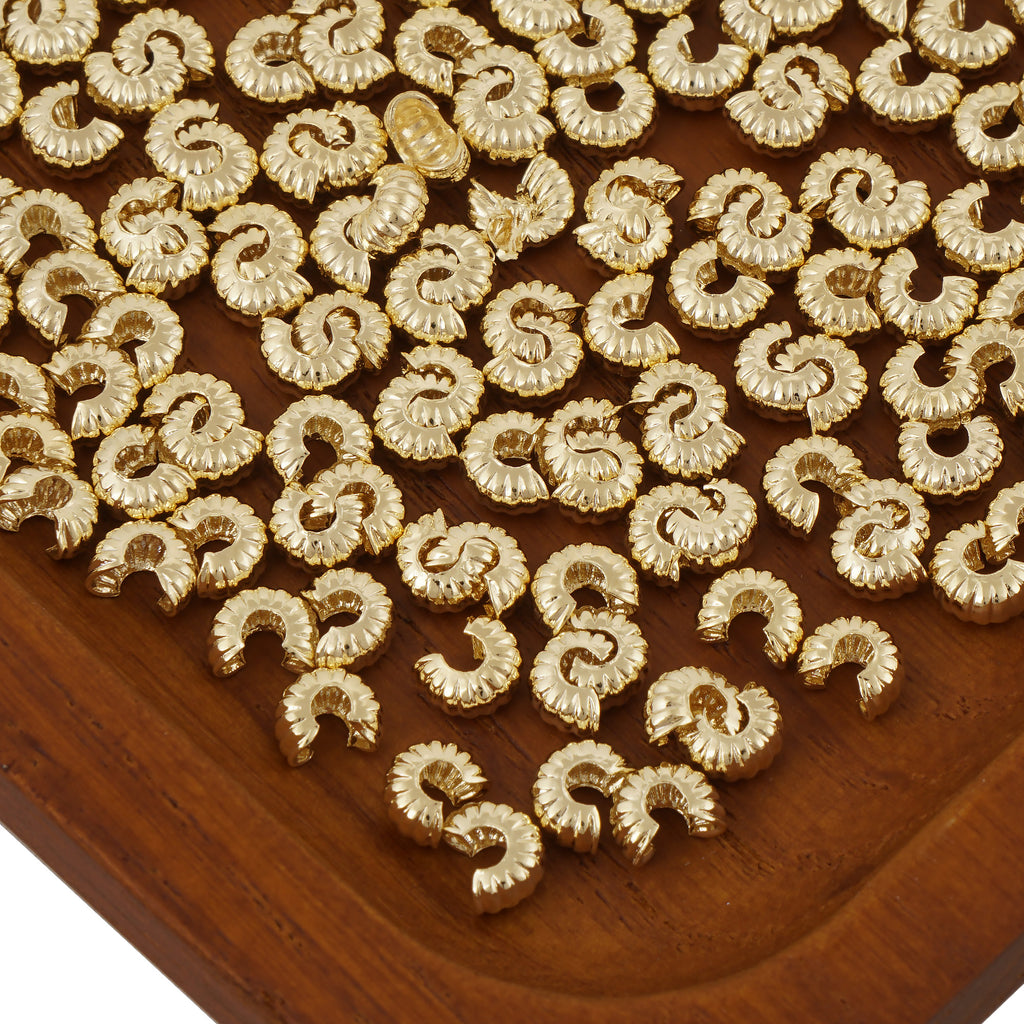 50PCS 4mm 14k Gold Filled Corrugated Crimp Cover Beads Cord Ends for jewelry making 10406850