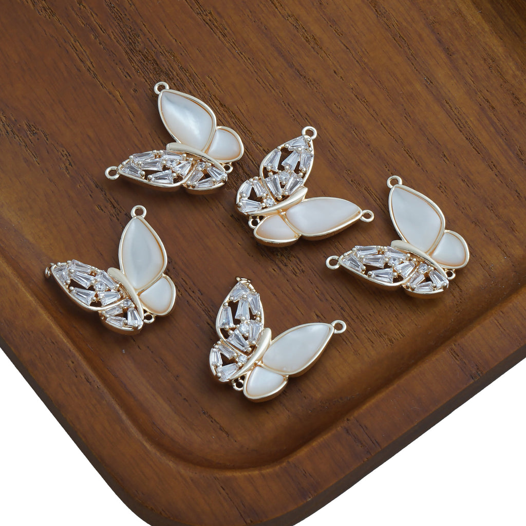 14k Gold Filled Butterfly pendant, Mother of Pearl Butterfly Pendant, Zircon Butterfly charm with 2 loops, Gift for her 10423153
