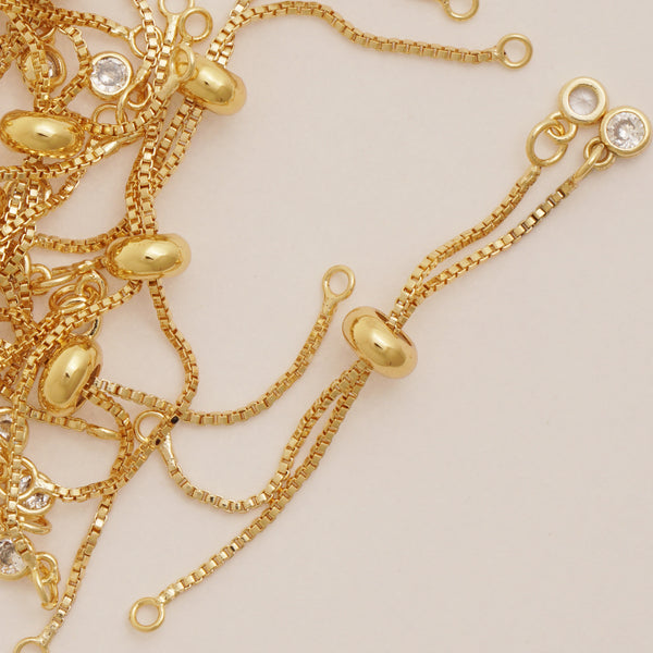 5PCS Long-Lasting 18K Real Gold Finish Sliding Stopper Adjustable Bracelet/Necklace Extender with Zircon Bead, Unfinished Box Chain Bracelet