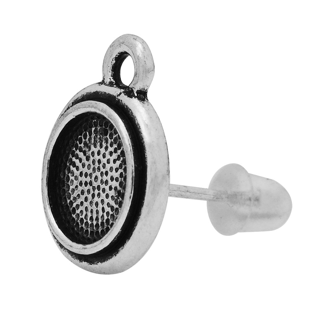 Antique Silver Plated Earring Stud With 7mm Round Bezel, Jewerly Stepped Bezel Post fit SS34,Zinc Alloy, 20PCS