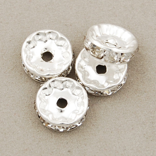 10MM Diameter Rhinestone Spacer Beads,Crystal Diamond,Brass,Silver Plated,Thick About 3.8MM,Hole:About 1.5MM,Sold 100 PCS Per Package