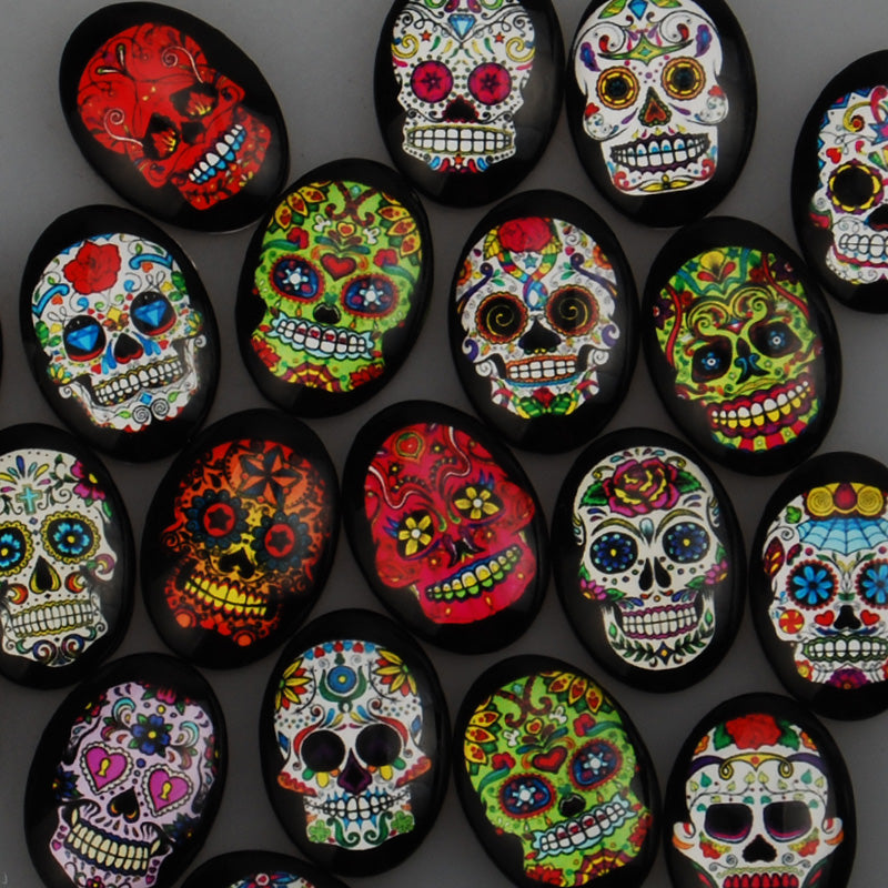 18x25MM oval pattern glass cabochons with mixed skull,flat back,thickness 5mm,20 pieces/lot